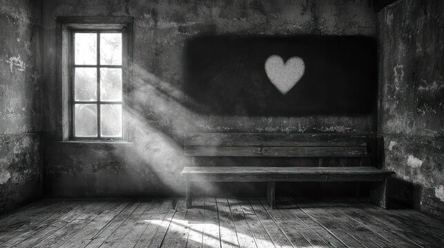 Solitary Heart: A Black and White Photograph of a Rustic Room with a Heart Symbol