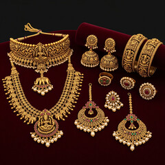 Obraz premium Traditional Indian Gold Temple Jewelry Set on Rich Red Velvet - Bridal Choker, Long Haram, Jhumkas, Bangles, and Rings with Gemstones and Pearls