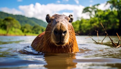 Capybara peers from river surface