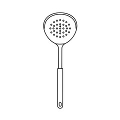 Kitchen Utensil: A simple yet elegant depiction of a kitchen utensil, specifically a slotted spoon. Rendered in stark black and white, emphasizing its functionality. 