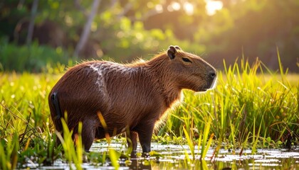 Capybara rests in a grassy marshland
