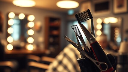 Barber shop scene highlighting hairstyling tools in warm ambient light.