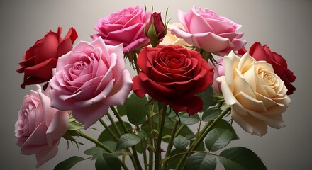 Colorful Mixed Roses Bouquet in Soft Lighting for Romantic or Decorative Use