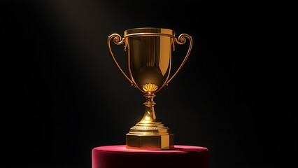 A gleaming gold trophy displayed on a velvet pedestal, highlighted by dramatic studio lighting.