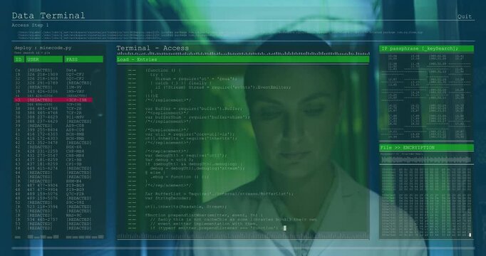 Server aisle activating transparent tech overlay as scientist scanning code logs locating data