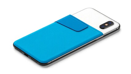 Fototapeta premium Smartphone with blue card holder case on white background for mobile accessory concept 