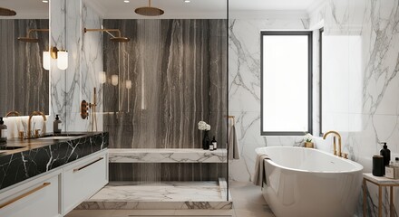 Modern Luxurious Bathroom Featuring White Marble Walls and Black Marble Vanity with Gold Fixtures