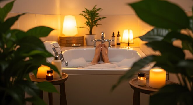 Woman relaxing in a bubble bath surrounded by plants and candles in a warm lit bathroom scene