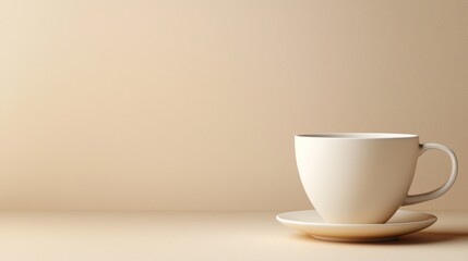 Cream-colored coffee cup and saucer on a beige surface