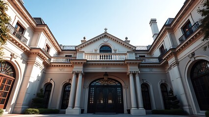 Obraz premium Grand mansion entrance featuring intricate architectural details under clear daylight skies.