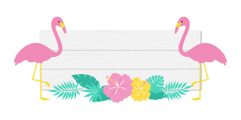 Flamingo and Hibiscus with White Wood Frame – Tropical Summer Decoration (Transparent PNG Clipart)