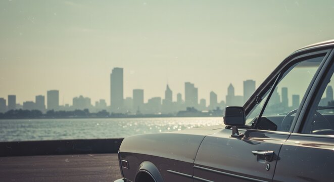 Fototapeta Vintage car parked by the water with a city skyline in the background on a hazy day with soft light