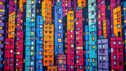 Vibrant city vibes in art form showcase colorful buildings with intricate designs and lively hues creating dynamic urban atmosphere