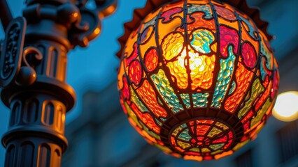 Vibrant lamp showcases city vibes in art form, illuminating surroundings with colorful stained glass patterns
