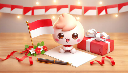 Greeting Card for National Day. Card and Ribbon for August 17. Independence Day Mockup with Indonesian Flag