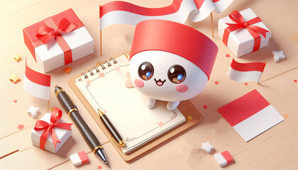 Greeting Card for National Day. Card and Ribbon for August 17. Independence Day Mockup with Indonesian Flag