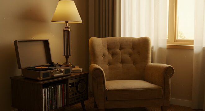 A cozy corner with a record player lamp and armchair creating a vintage and inviting atmosphere - Powered by Adobe