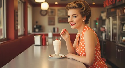 Woman in a retro diner with a milkshake wearing a polka dot dress and smiling at the camera view