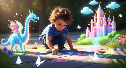 Creative Little Boy Drawing Chalk Dragon and Castle Artwork on Sidewalk