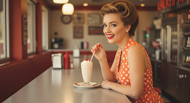 Woman in a retro diner with a milkshake wearing a polka dot dress and smiling at the camera view