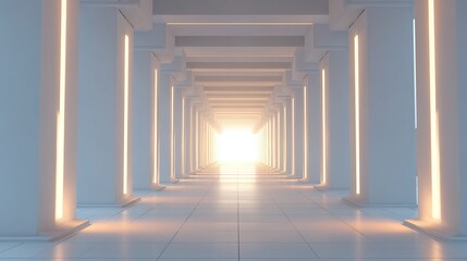 A long, white corridor with evenly spaced columns illuminated by warm, glowing light emanating from its end, creating a bright, futuristic ambiance