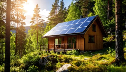 Wooden cabin with solar panels in forest (1)