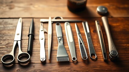 Neatly arranged professional barber tools on a wooden surface with warm brown tones and soft lighting.