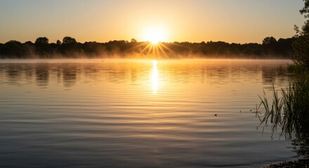Fototapeta premium Golden Sunrise Over Misty Lake