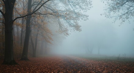 Obraz premium Autumn Forest Path Shrouded in Fog