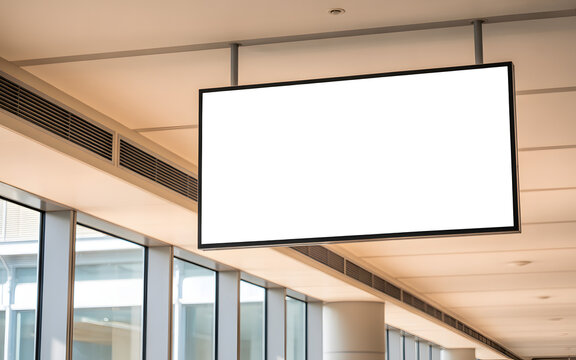 Large blank sign hanging indoors, perfect for advertising or informational displays within an office or commercial space setting