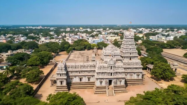 Aerial View of Ancient Temple Complex in India with Stone Architecture against Blue Sky