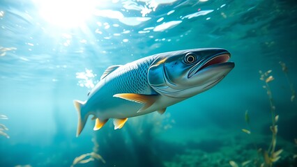 Underwater scene of trout swimming in a clear river, bathed in natural sunlight filtering through water.