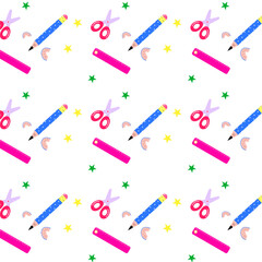 Colorful pencils, scissors, ruler and erasers. Vector illustration in trendy style. Seamless pattern for school supplies.