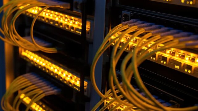 Close-up of yellow fiber optic cables connected to network server for data communication, network infrastructure, technology background.