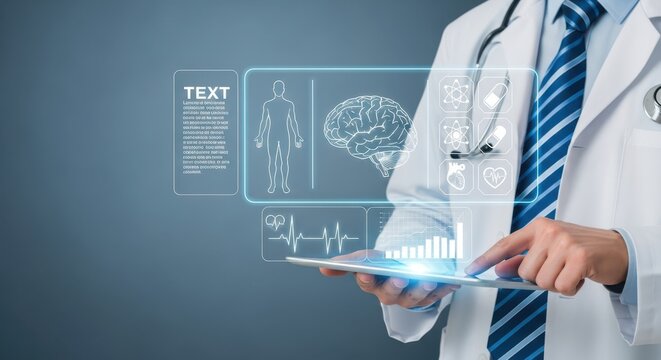 Healthcare professional utilizes digital tablet displaying body, brain, heart, and atom scan data