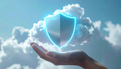 A glowing digital shield icon hovering above a human hand, surrounded by soft clouds in a bright sky. Concept of cloud security, data protection, and futuristic technology.