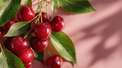 Obraz premium Cherry on branch: A cluster of vibrant, ripe cherries hanging gracefully from a verdant branch, their glossy surfaces reflecting the soft light of the day. Capturing the freshness and natural beauty