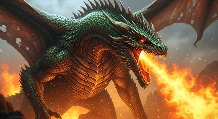 Powerful Green Dragon Breathing Fire in Fiery Landscape with Stormy Sky