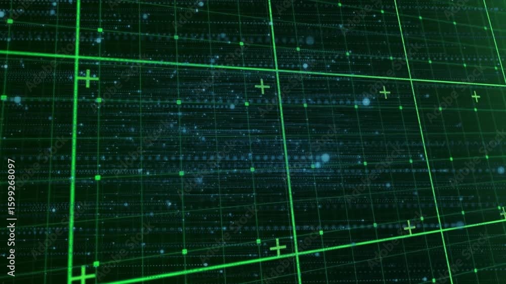 Poster on playback start, network grid tilting while nodes pulsing and data scrolling to visualize traffic