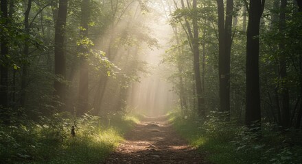 Naklejka premium Sunlit Forest Path: Misty Morning in Green Woods