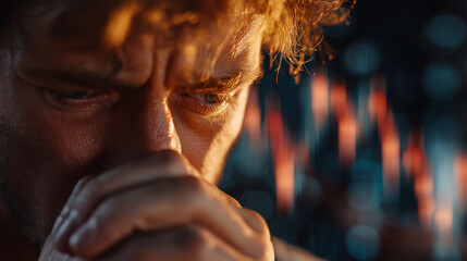 Financial Strain: A close-up portrays an individual grappling with the stress of financial hardship amidst the backdrop of a failing stock market graph.