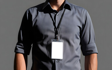 Torso of a person wearing a gray shirt with an ID badge and lanyard, ready for customization and personalization with a name