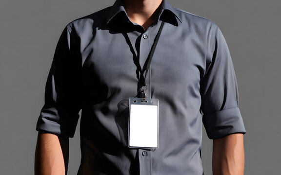 Torso of a person wearing a gray shirt with an ID badge and lanyard, ready for customization and personalization with a name