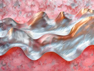 abstraction with silver foil waves, metallic shine, coral background, minimalist style, soft natural lighting, pastel tones, rule of thirds with foil on left