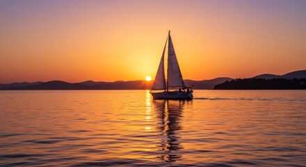 Sailboat at Sunset on Calm Ocean Waters