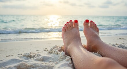 Woman's Feet in Sand on Tropical Beach at Sunset