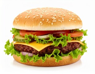 "Macro photography of a gourmet hamburger. Rich, appetizing food colors with golden-brown bun and vibrant fresh ingredients. Cinematic soft white background, highly detailed, full HD."