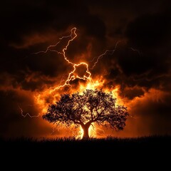 Storm, lightning, tree on fire, night