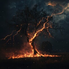 Storm, lightning, tree on fire, night