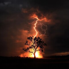 Storm, lightning, tree on fire, night